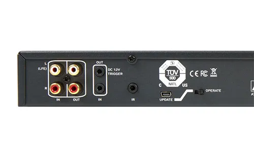 Rear panel close-up showing the mini USB port and UPDATE/OPERATE switch