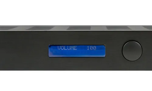 VFD display showing VOLUME 100 — the vacuum fluorescent display provides clear visibility in dark rack environments